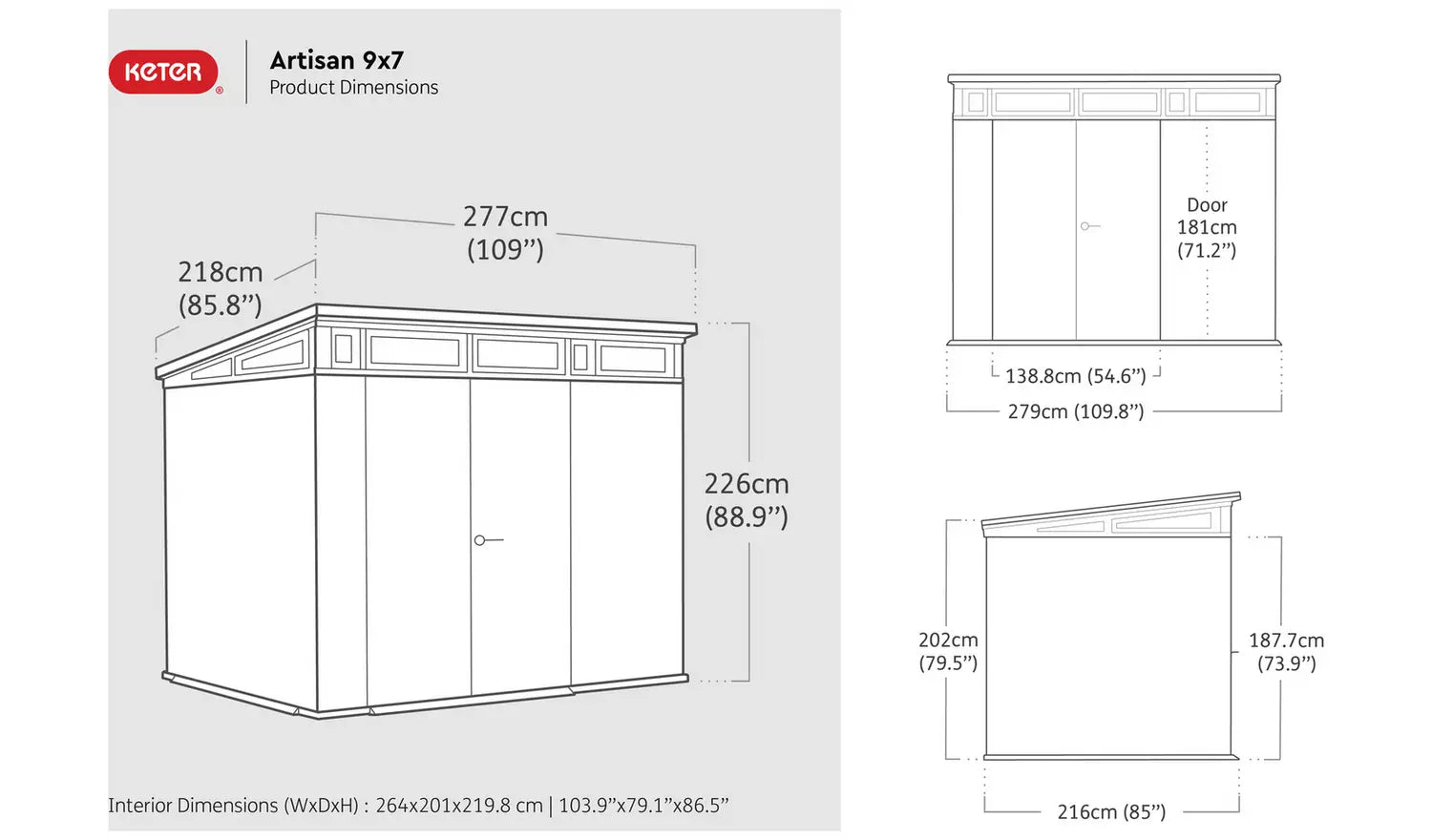 Keter Artisan 9 x 7ft Kunststoff-Gartenhaus mit Doppeltür und Pultdach